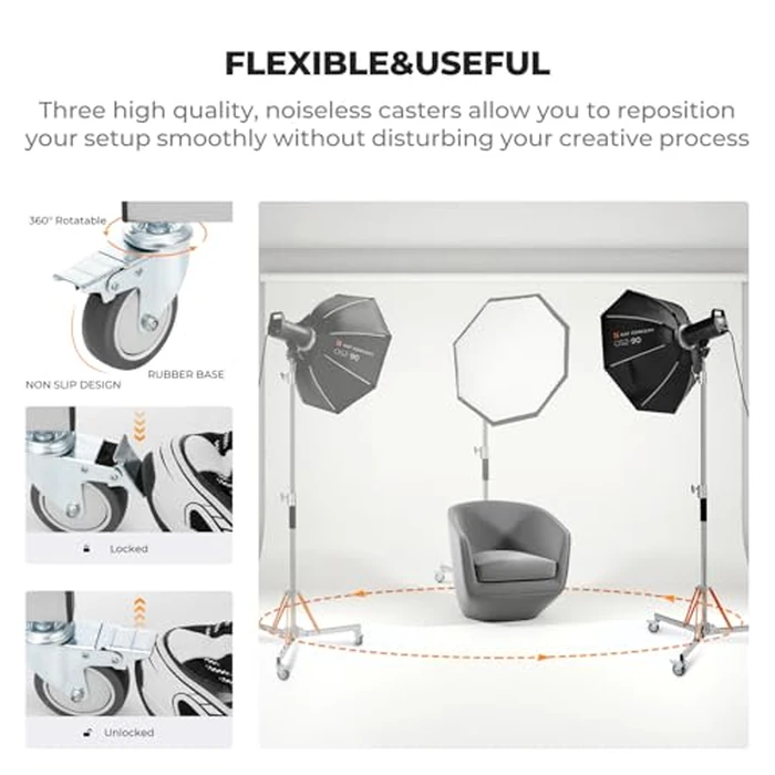 K&F CONCEPT Heavy Duty Light Stand with 360 degrees Swivel Casters & Step-On Brakes, 10ft/305cm Adjustable Stainless Steel Tripod Stand for Studio Photography, Supports COB Lights, Softboxes up to 30kg/66lb by K&F CONCEPT - Image 3
