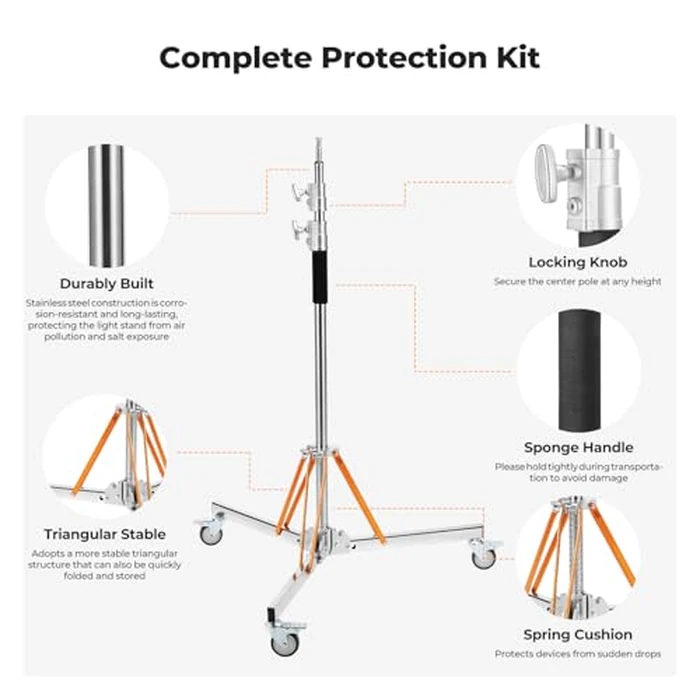 K&F CONCEPT Heavy Duty Light Stand with 360 degrees Swivel Casters & Step-On Brakes, 10ft/305cm Adjustable Stainless Steel Tripod Stand for Studio Photography, Supports COB Lights, Softboxes up to 30kg/66lb by K&F CONCEPT - Image 4