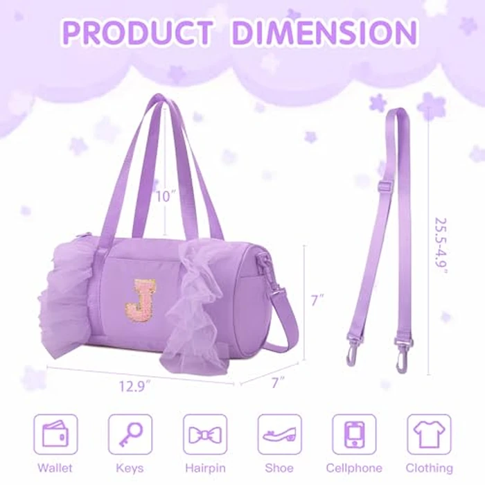Gitus Birthday Gifts for Girls Age 4-8 Personalized Dance Bag Duffle Bags with Initial Letter Patch Ballets Bag for Girls Mini Travel Tote (Lavender-J) by Gitus - Image 3