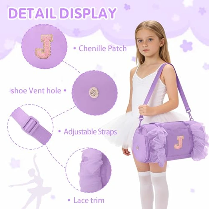 Gitus Birthday Gifts for Girls Age 4-8 Personalized Dance Bag Duffle Bags with Initial Letter Patch Ballets Bag for Girls Mini Travel Tote (Lavender-J) by Gitus - Image 4