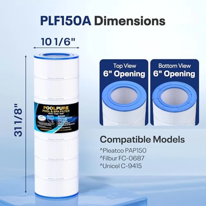 POOLPURE PLF150A Pool Filter Replaces Pentair CC150, CCRP150, PAP150, Ultral-C4, PP-C4, PP-C4-M, Unicel C-9415, R173216, 59054300, Filbur FC-0687, 160317, 160355, 160352, L x OD: 31 1/8" x10 1/16" by POOLPURE - Image 2