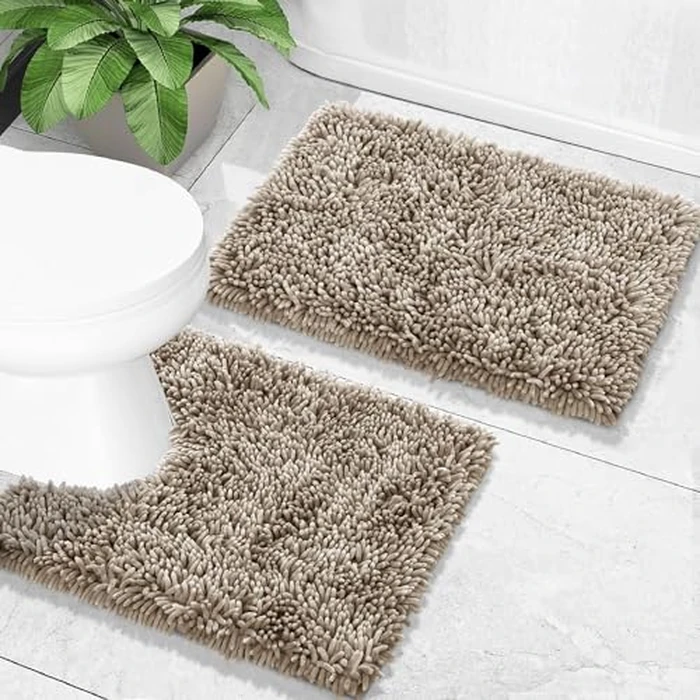 Yimobra Bathroom Rugs Sets 2 Piece, Soft Absorbent Bath Mat and U-Shaped Toilet Rug with Non Slip Backing, Luxury Shaggy Bath Mats for Bathroom, Machine Washable, 24"x17"+24"x20", Camel by Yimobra - Used - Very Good condition