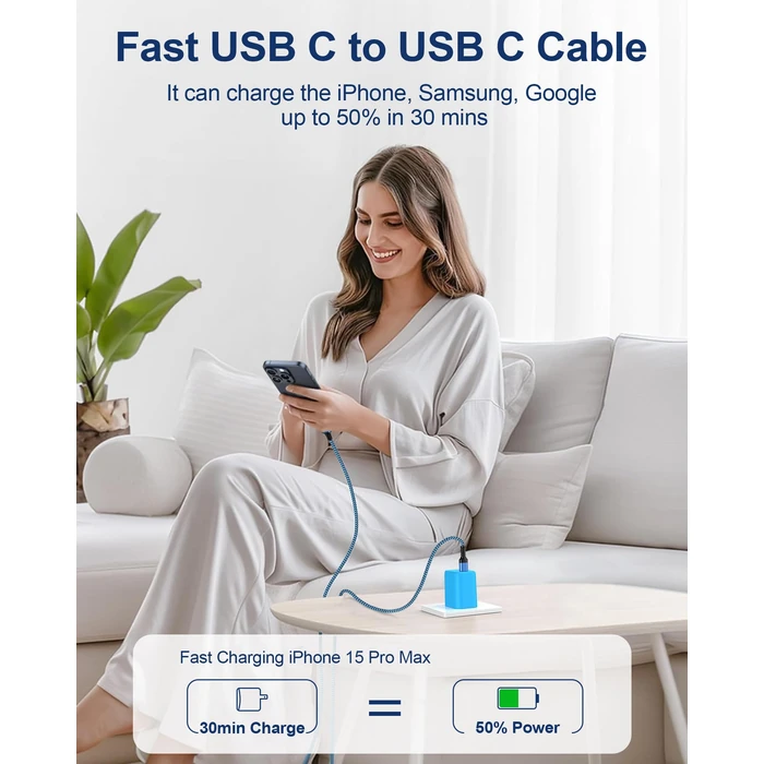 iPhone 15/16/17 Fast Charger Cable 10ft, Extra Long Braided Type C to C Power Cord Fast Charging for Apple iPhone 17/17e/16 Pro Max/16e/15/15Pro Max/15, iPad Pro Air Mini, Galaxy S26/S25, Pixel 10Pro by Ocbuo - Image 4