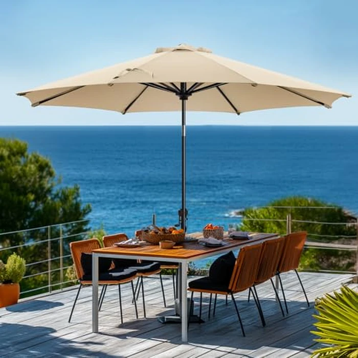 wikiwiki 9 FT Patio Umbrellas Outdoor Table Market Umbrella with Push Button Tilt/Crank,8 Sturdy Ribs, Fade Resistant Waterproof POLYESTER DTY Canopy for Garden, Lawn, Deck, Backyard & Pool by wikiwiki - Used - Very Good condition