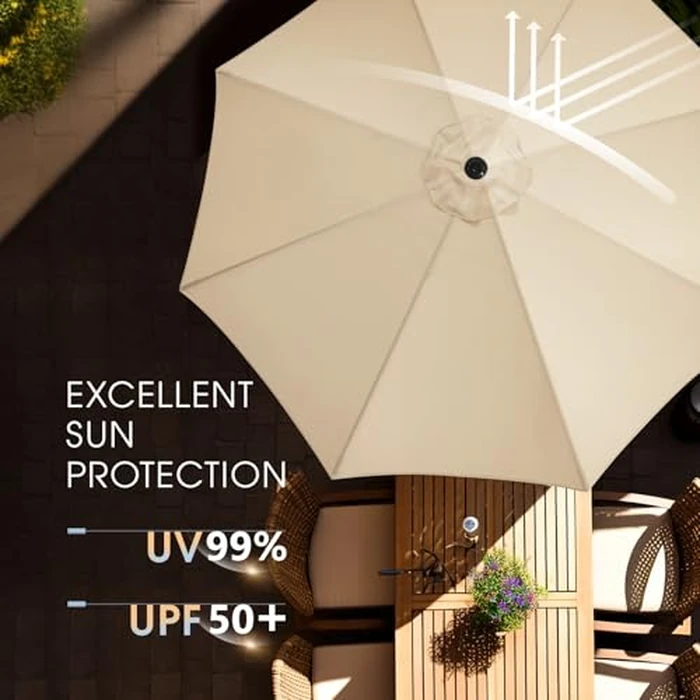 wikiwiki 9 FT Patio Umbrellas Outdoor Table Market Umbrella with Push Button Tilt/Crank,8 Sturdy Ribs, Fade Resistant Waterproof POLYESTER DTY Canopy for Garden, Lawn, Deck, Backyard & Pool by wikiwiki - Image 2