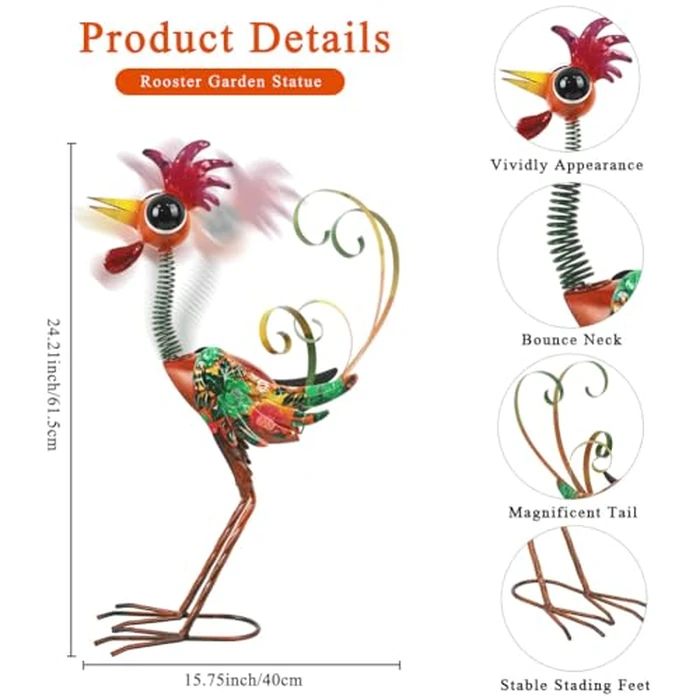giole Metal Wacky Rooster Garden Statue, 24'' Rooster Decor Yard Statue Decorations Outdoor, Chicken Yard Art for Outside, Patio, Backyrad, Lawn(Red) by giole - Image 3