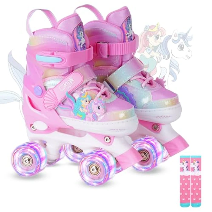 Girls Roller Skates for Kids Ages 3-12 Adjustable Light Up Roller Skates for Toddlers Beginners Boys Unicorn Mermaid Rainbow Gift for Indoor Outdoor Sports (Pink, Large-Big Kids) by Gingili Life - Used - Very Good condition