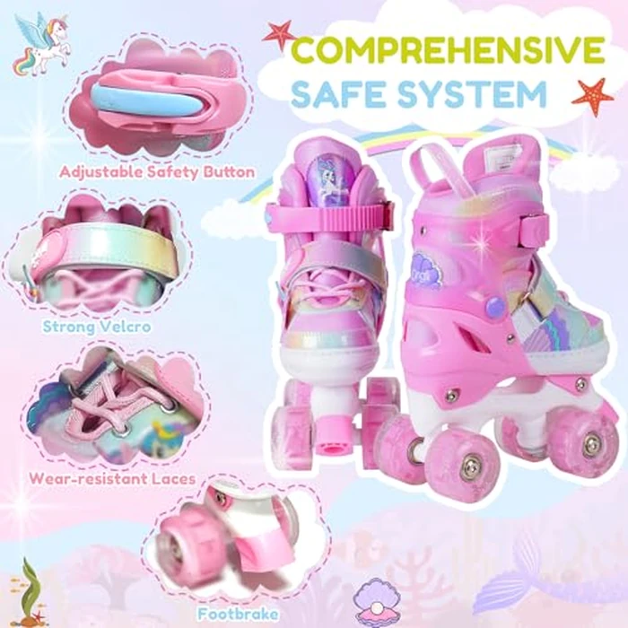 Girls Roller Skates for Kids Ages 3-12 Adjustable Light Up Roller Skates for Toddlers Beginners Boys Unicorn Mermaid Rainbow Gift for Indoor Outdoor Sports (Pink, Large-Big Kids) by Gingili Life - Image 3