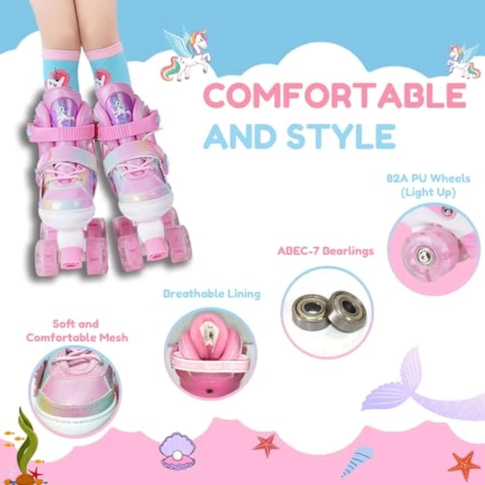 Girls Roller Skates for Kids Ages 3-12 Adjustable Light Up Roller Skates for Toddlers Beginners Boys Unicorn Mermaid Rainbow Gift for Indoor Outdoor Sports (Pink, Large-Big Kids) by Gingili Life - Image 4