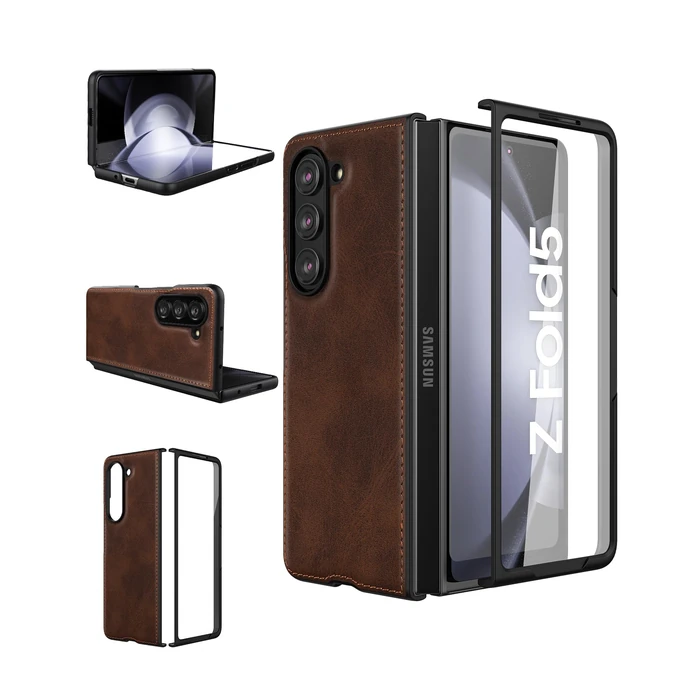 Foluu Case for Samsung Galaxy Z Fold 5, with Front Built-in Screen Protector, PU Leather + Hard PC Shell Ultra Thin Slim Durable Protective Phone Cover for Samsung Galaxy Z Fold5 5G 2023 (Brown) by Foluu - Used - Acceptable condition