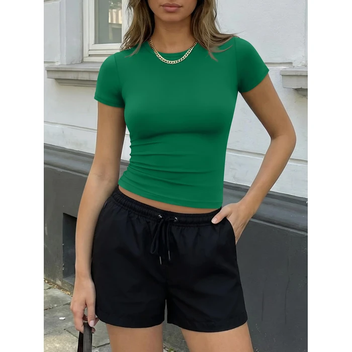 Trendy Queen Women's Short Sleeve Crop Tops Soft Stretchy Basic Tees Non See-Through Slim Fit Crewneck T-Shirts Green S by Trendy Queen - Image 2