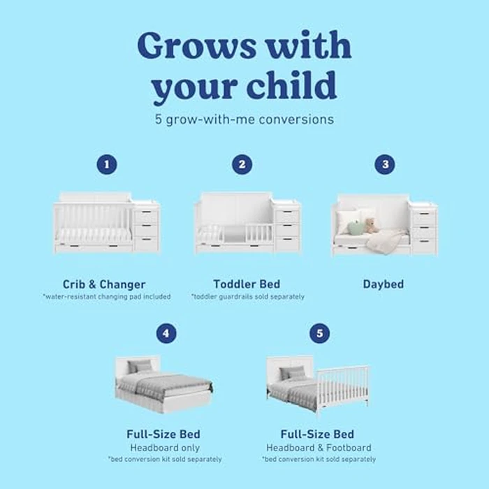 Graco Hadley 5-in-1 Convertible Crib & Changer - GREENGUARD Gold Certified, Fits Standard Crib Mattress, Converts to Toddler Bed and Full Bed, 4 Adjustable Mattress Heights (White) by Graco - Image 3