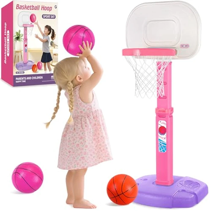 lebulu Toddler Pink Basketball Hoop Indoor Outdoor for Kids 1-3, Height Adjustable Kids Basketball Hoop with 3 Balls, Portable Mini Grils Basketball Goal Sport Toys for Baby Girls Boys Age 3 4 5 -Pink by lebulu - Image 1