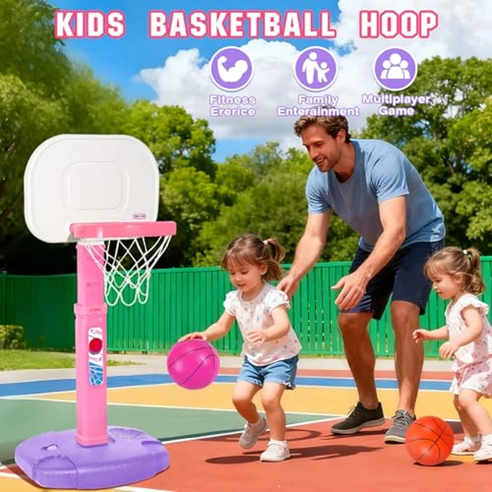 lebulu Toddler Pink Basketball Hoop Indoor Outdoor for Kids 1-3, Height Adjustable Kids Basketball Hoop with 3 Balls, Portable Mini Grils Basketball Goal Sport Toys for Baby Girls Boys Age 3 4 5 -Pink by lebulu - Image 2