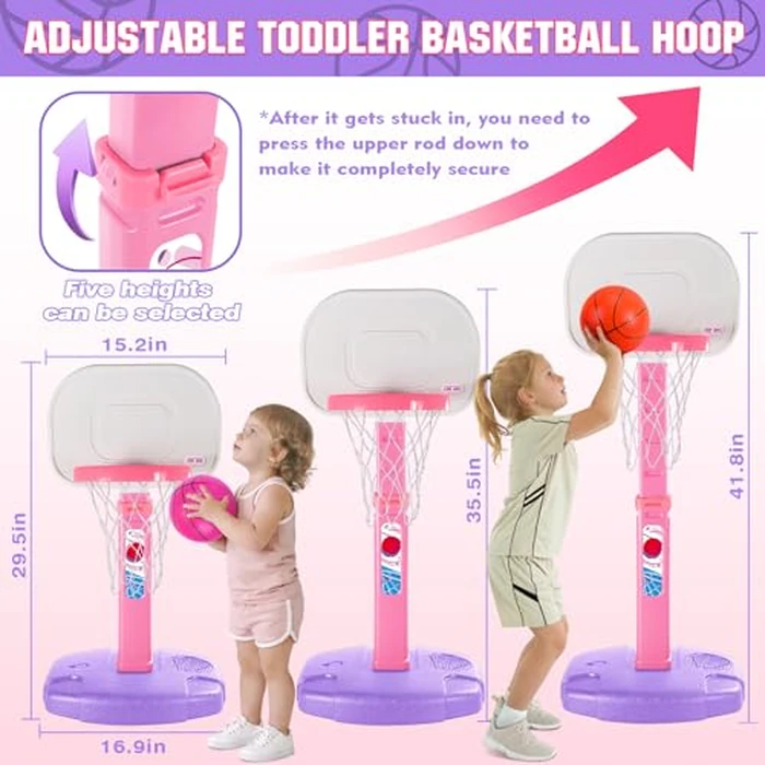 lebulu Toddler Pink Basketball Hoop Indoor Outdoor for Kids 1-3, Height Adjustable Kids Basketball Hoop with 3 Balls, Portable Mini Grils Basketball Goal Sport Toys for Baby Girls Boys Age 3 4 5 -Pink by lebulu - Image 3