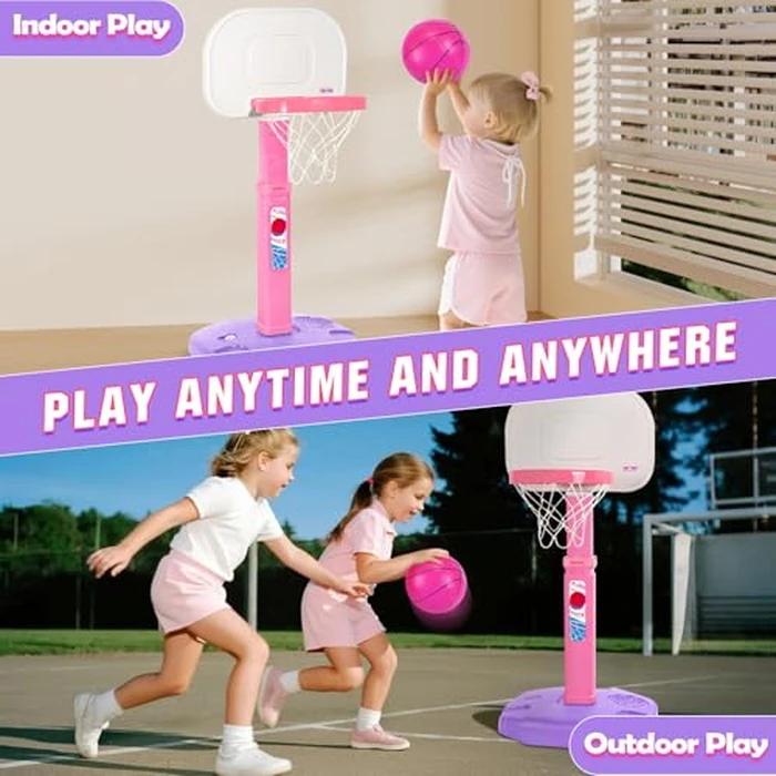 lebulu Toddler Pink Basketball Hoop Indoor Outdoor for Kids 1-3, Height Adjustable Kids Basketball Hoop with 3 Balls, Portable Mini Grils Basketball Goal Sport Toys for Baby Girls Boys Age 3 4 5 -Pink by lebulu - Image 4
