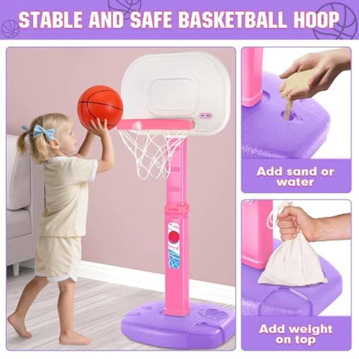 lebulu Toddler Pink Basketball Hoop Indoor Outdoor for Kids 1-3, Height Adjustable Kids Basketball Hoop with 3 Balls, Portable Mini Grils Basketball Goal Sport Toys for Baby Girls Boys Age 3 4 5 -Pink by lebulu - Image 5