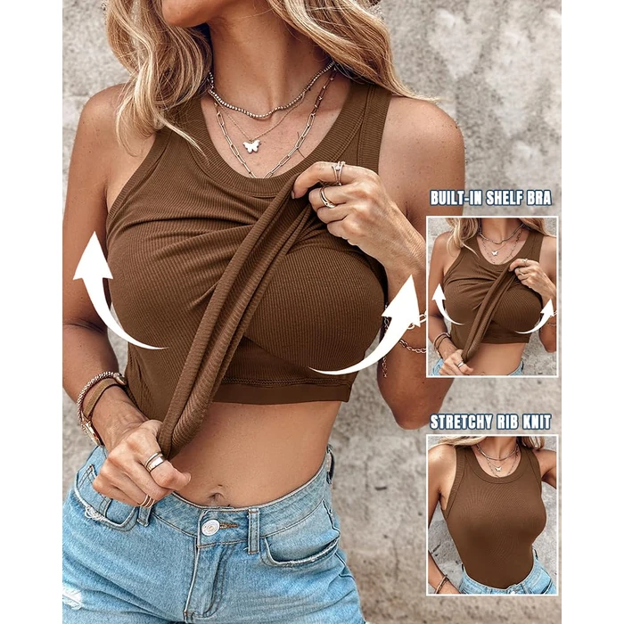 CHICME Tank Tops with Built in Bras Athletic Tank Tops Ribbed Shirt Running Tops Coffee-M by CHICME - Image 2