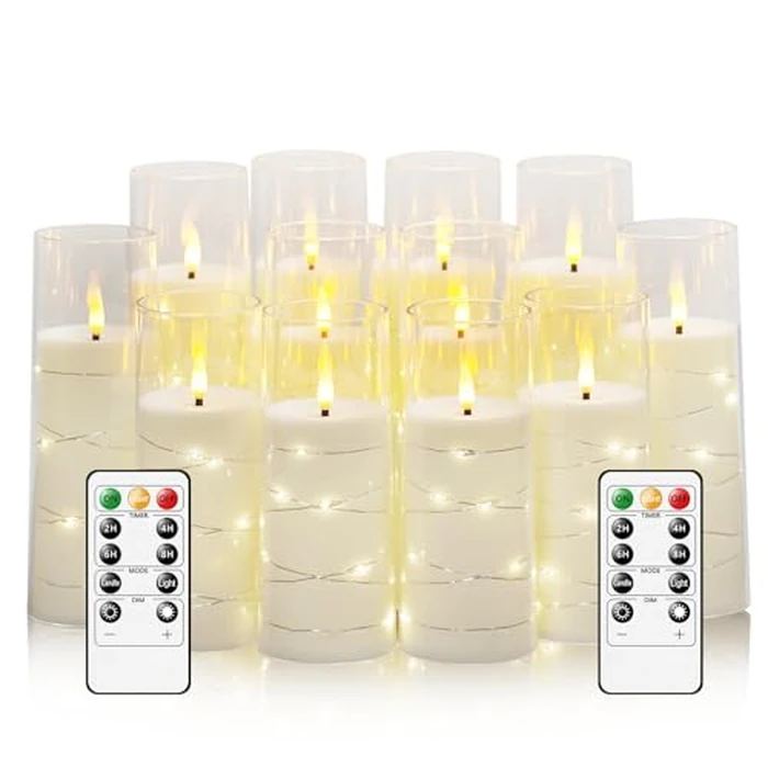 Sasigeiaa Flameless Candles with Embedded Star String - Battery Operated LED Candles, with Remote,12 White Flickering Candles for Christmas, Weddings, Home Decor & Party,(D 2.3"xH 5" 6" 7") by Sasigeiaa - Used - Like New condition