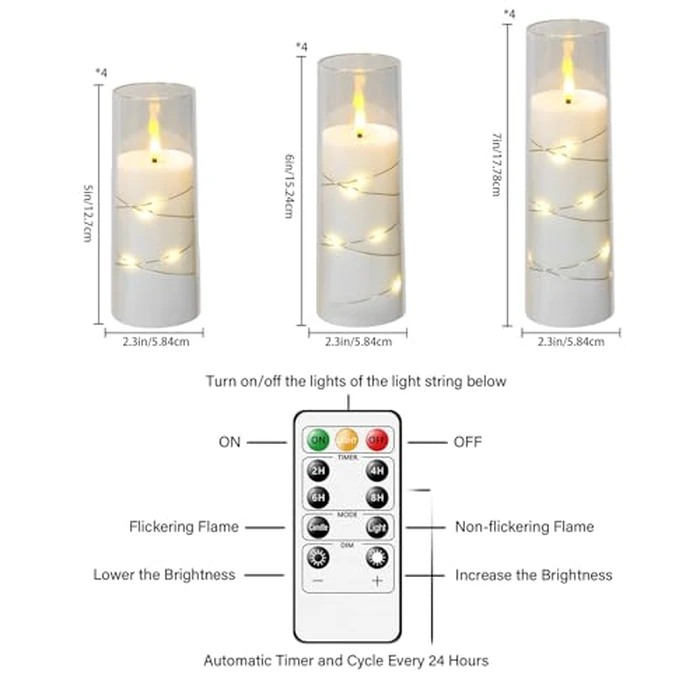 Sasigeiaa Flameless Candles with Embedded Star String - Battery Operated LED Candles, with Remote,12 White Flickering Candles for Christmas, Weddings, Home Decor & Party,(D 2.3"xH 5" 6" 7") by Sasigeiaa - Image 2