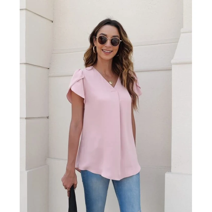 Bestbee Womens Dressy Chiffon Blouses V Neck Tops Tee Cute 2025 Summer Shirts Petal Short Sleeve Casual T-Shirts, L, Black by Bestbee - Used - Like New condition