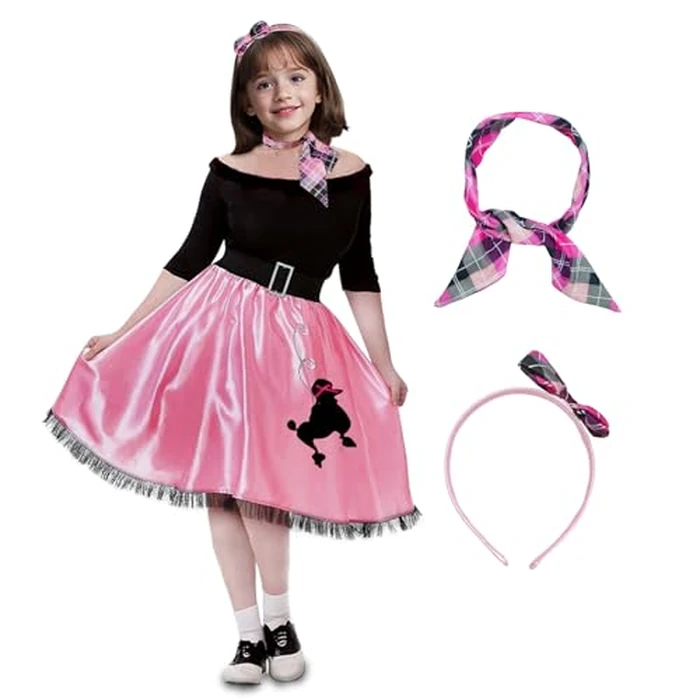 XXLOG Halloween 50s Costumes for Girls Sock Hop Black Pink Poodle Dress Kids 1950s Outfits with Scarf and Headband Pink S by XXLOG - Used - Like New condition - US$12.81