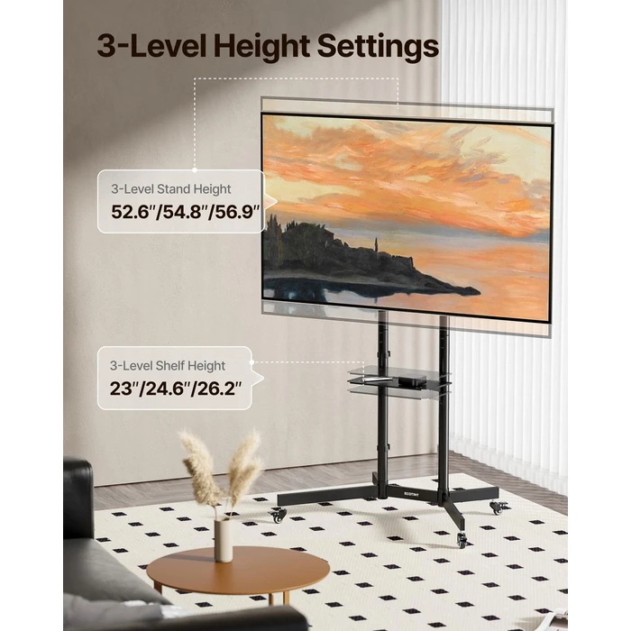 ECOTINY Heavy-Duty Rolling TV Stand for 32-85" Screens - Supports 187 lbs (154 lbs TV + 33 lbs Shelf), Stable Mobile TV Cart with Storage Tray & Locking Wheels, Floor TV Stand, Max VESA 600x400, Black by ECOTINY - Image 2