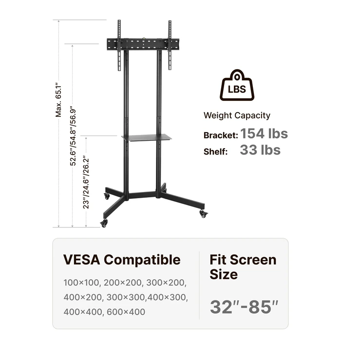 ECOTINY Heavy-Duty Rolling TV Stand for 32-85" Screens - Supports 187 lbs (154 lbs TV + 33 lbs Shelf), Stable Mobile TV Cart with Storage Tray & Locking Wheels, Floor TV Stand, Max VESA 600x400, Black by ECOTINY - Image 6