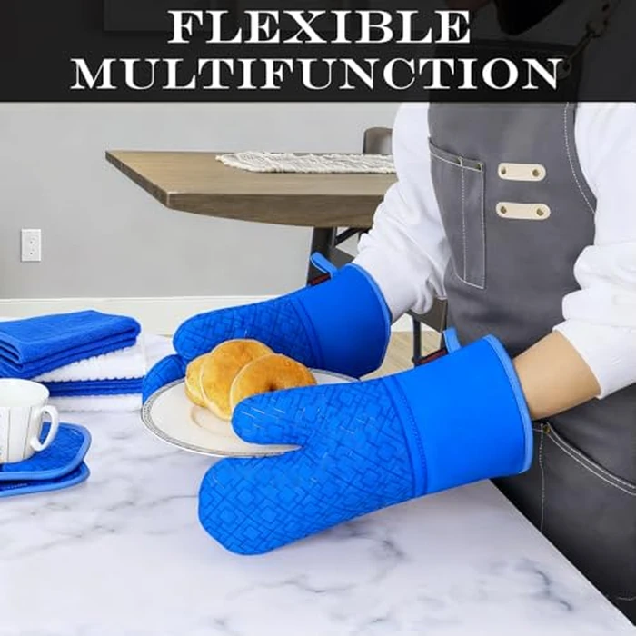 Oven Mitts and Pot Holders Sets 6pcs, Kitchen Oven Glove,High Heat Resistant 550 Degree Extra Long Oven Mitts and Potholders with Non-Slip Silicone Surface for Home Essentials (Grey) (Navy Blue) by SHAWNTOO - Image 5