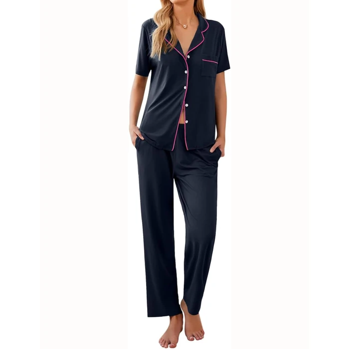 Ekouaer Women Pajamas Set Button Down Sleepwear Short Sleeve Nightwear with Long Pants Soft Pjs Set S-XXL Dark Navy Blue S by Ekouaer - Image 1