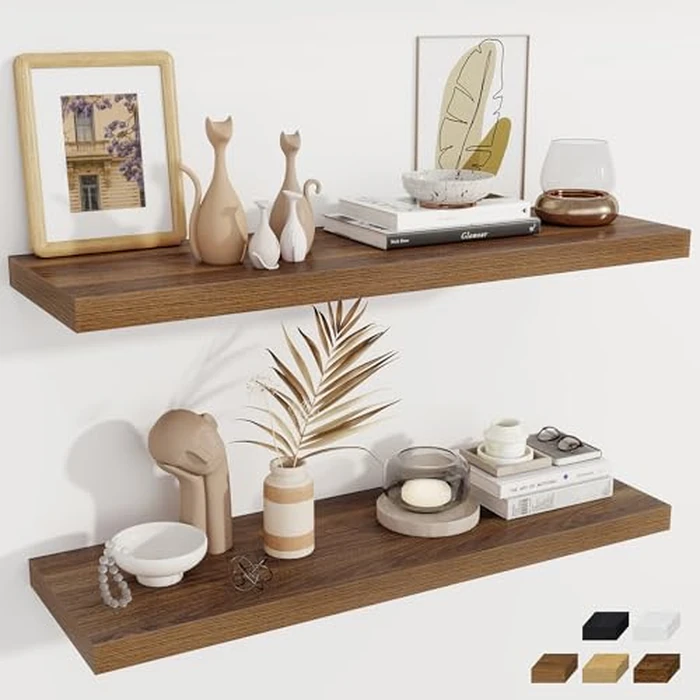 Fun Memories 12 Deep Floating Shelves, 40W x 12D Floating Shelves for Wall Set of 2, Extra Deeper Hanging Wood Shelves for Wall for Living Room Kitchen Laundry Room Kitchen Home Office - Walnut by Fun Memories - Used - Like New condition - CA$143.60