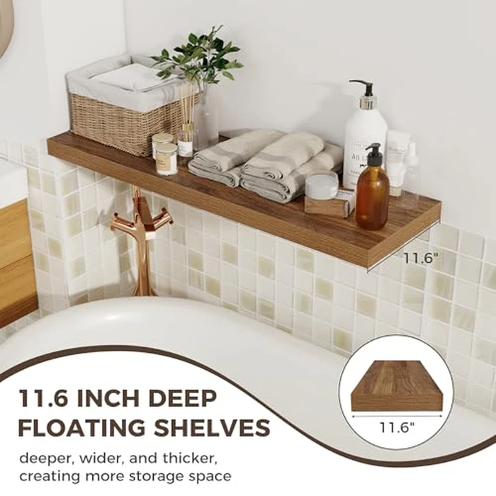 Fun Memories 12 Deep Floating Shelves, 40W x 12D Floating Shelves for Wall Set of 2, Extra Deeper Hanging Wood Shelves for Wall for Living Room Kitchen Laundry Room Kitchen Home Office - Walnut by Fun Memories - Image 3