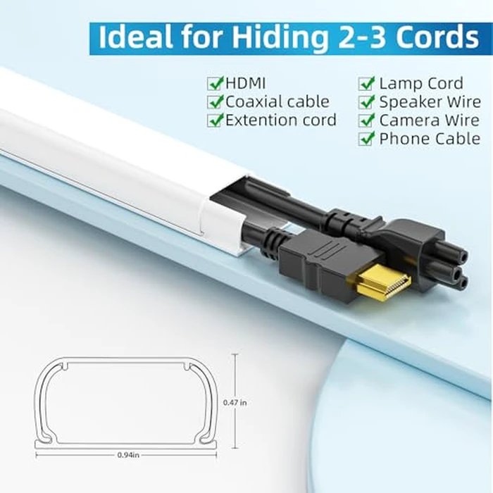 Yecaye 235in Wall Cord Hider for 2-3 Cords, On-Wall Cord Cover Channel, Long Cable Concealer, Cable Cover Cords Management for Home Office, W0.94in H0.47in, White by Yecaye - Image 2