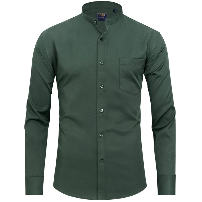 J.VER Men's Nehru Collar Shirts Business Casual Long Sleeve Button Down Formal Shirt with Pocket Dark Green Medium by J.VER - Image 1