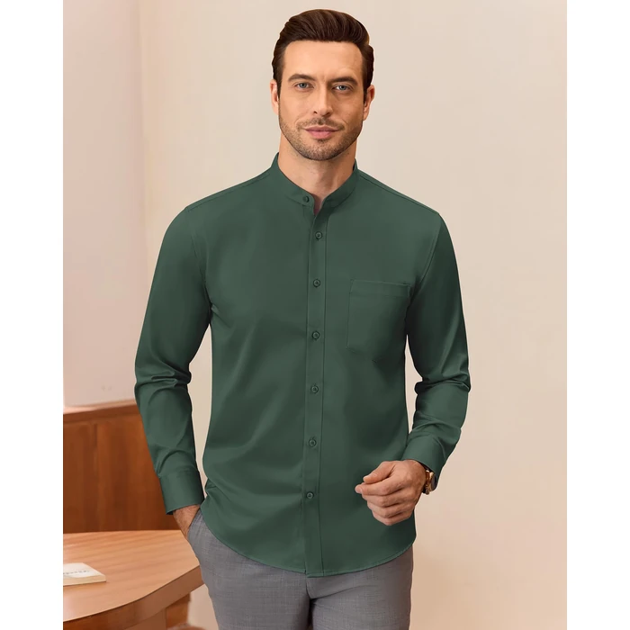 J.VER Men's Nehru Collar Shirts Business Casual Long Sleeve Button Down Formal Shirt with Pocket Dark Green Medium by J.VER - Image 3