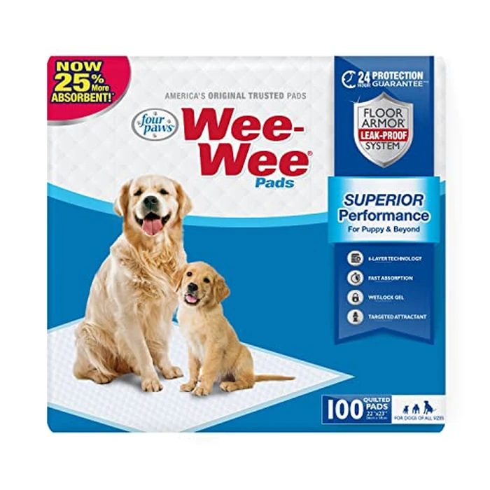 Four Paws Wee-Wee Superior Performance Unscented Pee Pads for Dogs & Puppies, Quilted Leak-Proof Dog Housebreaking Potty Training Floor Protection, 22" x 23", 100 Count by Four Paws - Image 1
