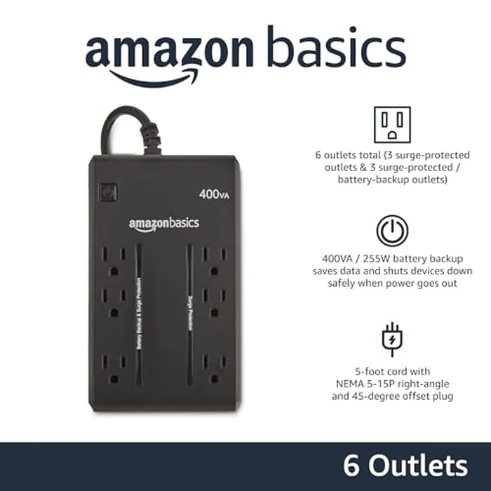 Amazon Basics UPS Battery Backup & Surge Protector, 400VA/255W, 6 Outlets, Uninterruptible Power Supply, Small Compact Size, Black by Amazon Basics - Used - Like New condition - US$46.80