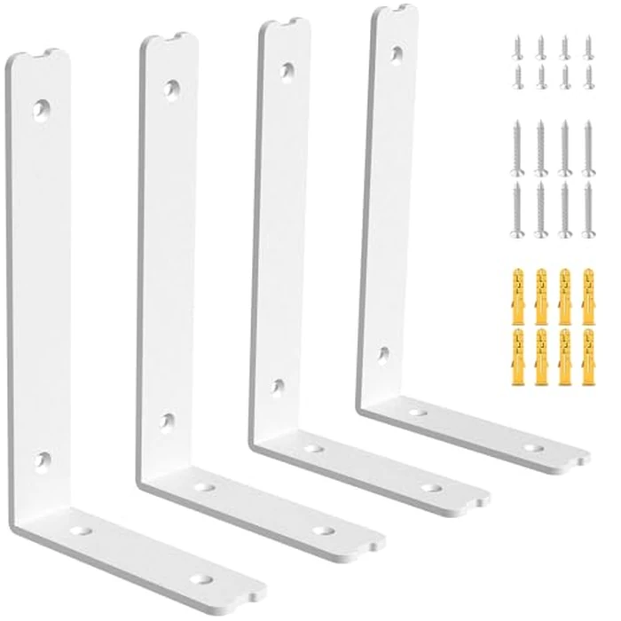 Holmorisent Heavy Duty Shelf Bracket L Shelf Brackets 10 inch, L Brackets Holds 200lbs Made of Super-Hard Special Steel, White Shelf Bracket with Hardware 4 Pack (10" x 6") by Holmorisent - Used - Very Good condition