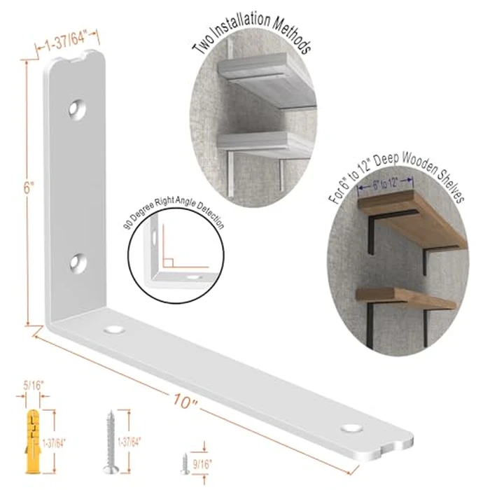 Holmorisent Heavy Duty Shelf Bracket L Shelf Brackets 10 inch, L Brackets Holds 200lbs Made of Super-Hard Special Steel, White Shelf Bracket with Hardware 4 Pack (10" x 6") by Holmorisent - Image 3
