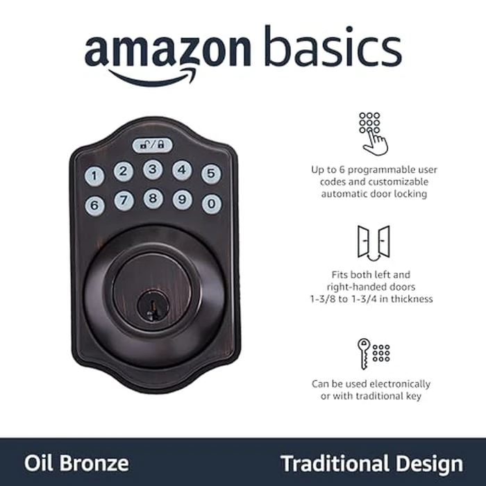 Amazon Basics Electronic Keypad Deadbolt Door Lock with Touch-Control Keyless Entry, Keyed Entry Option, Traditional, Oil Bronze, 1-Pack by Amazon Basics - Used - Like New condition - US$26.21