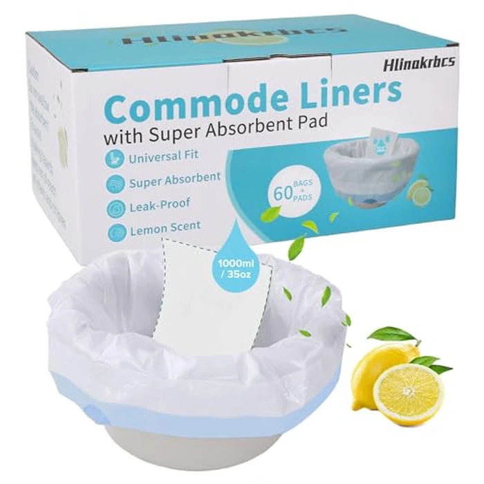 Hlinakrbcs 60 Pack Commode Liners with Absorbent Pads(Lemon Scent),Bedside Commode Liners Disposable for Portable Toilet,Adult Commode Chair Bucket & Porta Potty,Camping Toilet Bags by Hlinakrbcs - Used - Like New condition