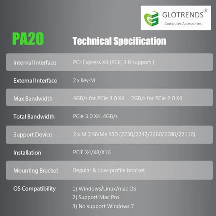 GLOTRENDS PA20 Dual M.2 NVMe to PCIe 3.0 X4 Adapter with PCIe Bifurcation, Setup Soft M.2 NVMe RAID via OS Tool (Support 22110/2280 Size) by GLOTRENDS - Image 7