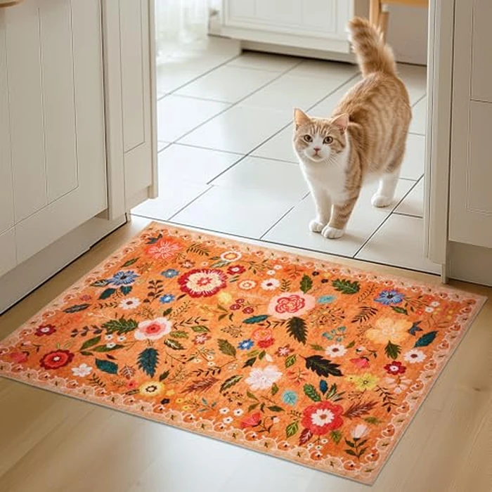Front Door Mats Indoor, 2x3 Ft Small Floral Area Rugs Ultra Thin Non-Slip Washable Carpet Stain Resistant Boho Low-Pile for Entry Bedroom Kitchen Hallway Kids Room Laundry(Orange) by Bestome - Image 1