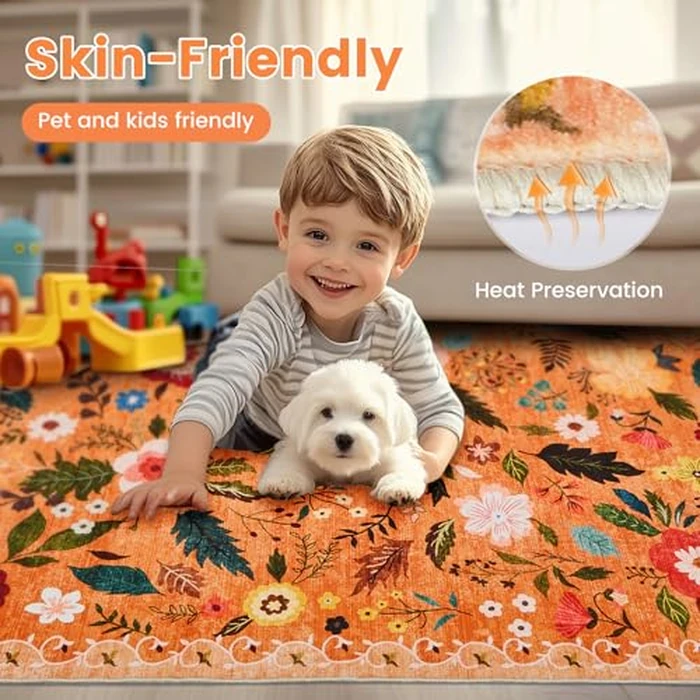 Front Door Mats Indoor, 2x3 Ft Small Floral Area Rugs Ultra Thin Non-Slip Washable Carpet Stain Resistant Boho Low-Pile for Entry Bedroom Kitchen Hallway Kids Room Laundry(Orange) by Bestome - Image 2
