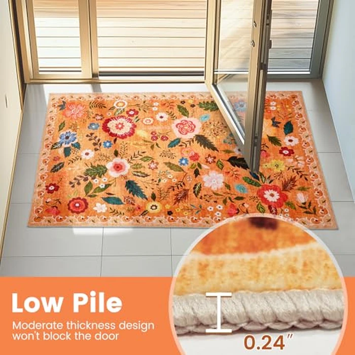 Front Door Mats Indoor, 2x3 Ft Small Floral Area Rugs Ultra Thin Non-Slip Washable Carpet Stain Resistant Boho Low-Pile for Entry Bedroom Kitchen Hallway Kids Room Laundry(Orange) by Bestome - Image 3