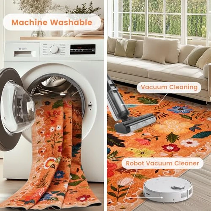 Front Door Mats Indoor, 2x3 Ft Small Floral Area Rugs Ultra Thin Non-Slip Washable Carpet Stain Resistant Boho Low-Pile for Entry Bedroom Kitchen Hallway Kids Room Laundry(Orange) by Bestome - Image 4
