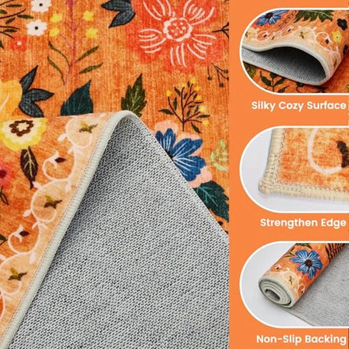 Front Door Mats Indoor, 2x3 Ft Small Floral Area Rugs Ultra Thin Non-Slip Washable Carpet Stain Resistant Boho Low-Pile for Entry Bedroom Kitchen Hallway Kids Room Laundry(Orange) by Bestome - Image 5