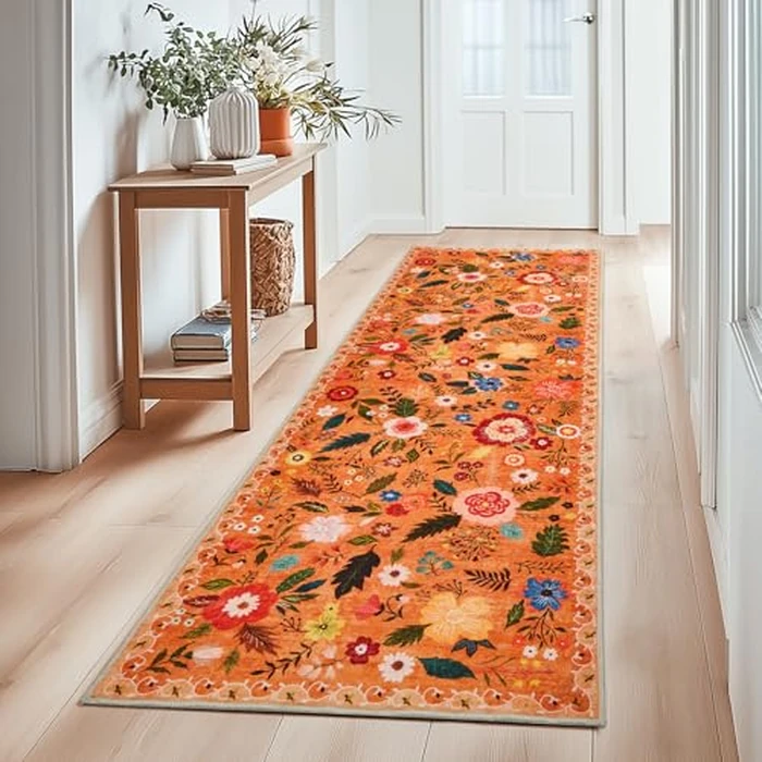 Front Door Mats Indoor, 2x3 Ft Small Floral Area Rugs Ultra Thin Non-Slip Washable Carpet Stain Resistant Boho Low-Pile for Entry Bedroom Kitchen Hallway Kids Room Laundry(Orange) by Bestome - Image 6