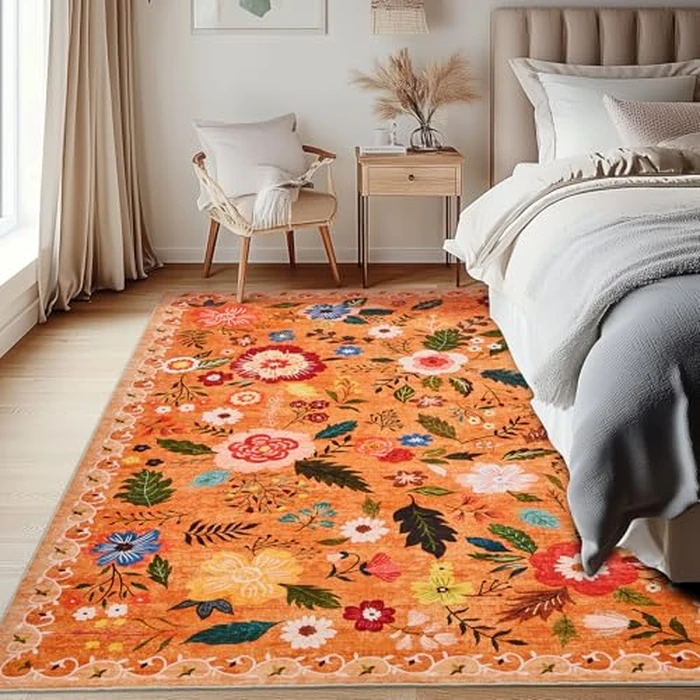 Front Door Mats Indoor, 2x3 Ft Small Floral Area Rugs Ultra Thin Non-Slip Washable Carpet Stain Resistant Boho Low-Pile for Entry Bedroom Kitchen Hallway Kids Room Laundry(Orange) by Bestome - Image 7