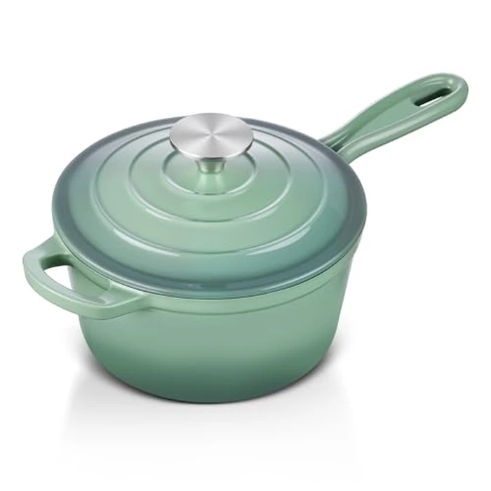 Enameled Cast Iron Sauce Pan with Lid, Leonyo 1 Quart Saucepan with Lid, Enamel Cast Iron Dutch Oven Kitchen Cookware for All Cooktops Cooking Soup, Milk - Up to 500 degreesF & 4.4Lbs, Pistachio Green by Leonyo - Used - Good condition